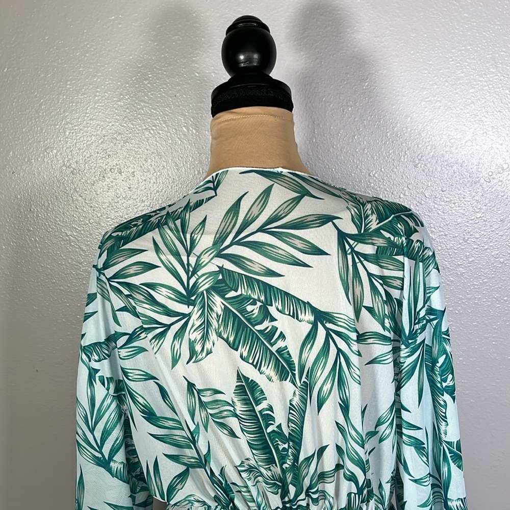 tropical leaf print mesh plunge swimsuit cover up romper L | Miami resortwear - Picture 6 of 9